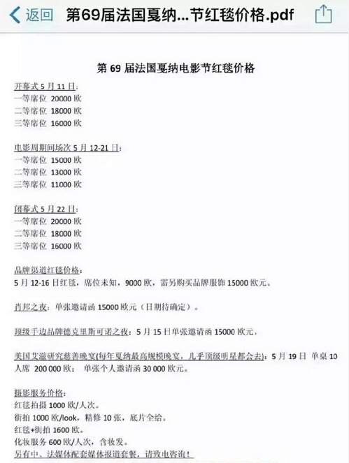 网曝戛纳电影节红毯价码:座位、摄影、化妆造型都有!超宇奇迹