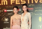 繼《十二生肖》后，兩位“龍女郎”再次聚首。張藍心身著裸色包身長裙，盡管高挑的身材是個典型的衣服架子，幾乎穿什么都不會出錯，但是古怪的花紋還是讓密集恐懼癥患者不忍直視。而姚星彤的低胸性感裸粉色長裙則更加搶眼，上半身花朵的設計很討巧，而“呼之欲出”的美胸也秒殺無數(shù)菲林。