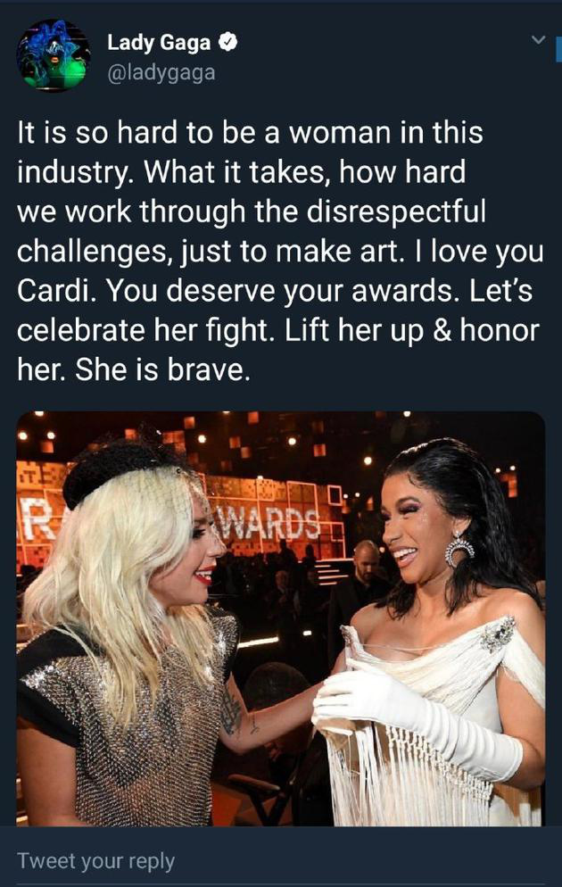 Lady Gaga发文支持Cardi B