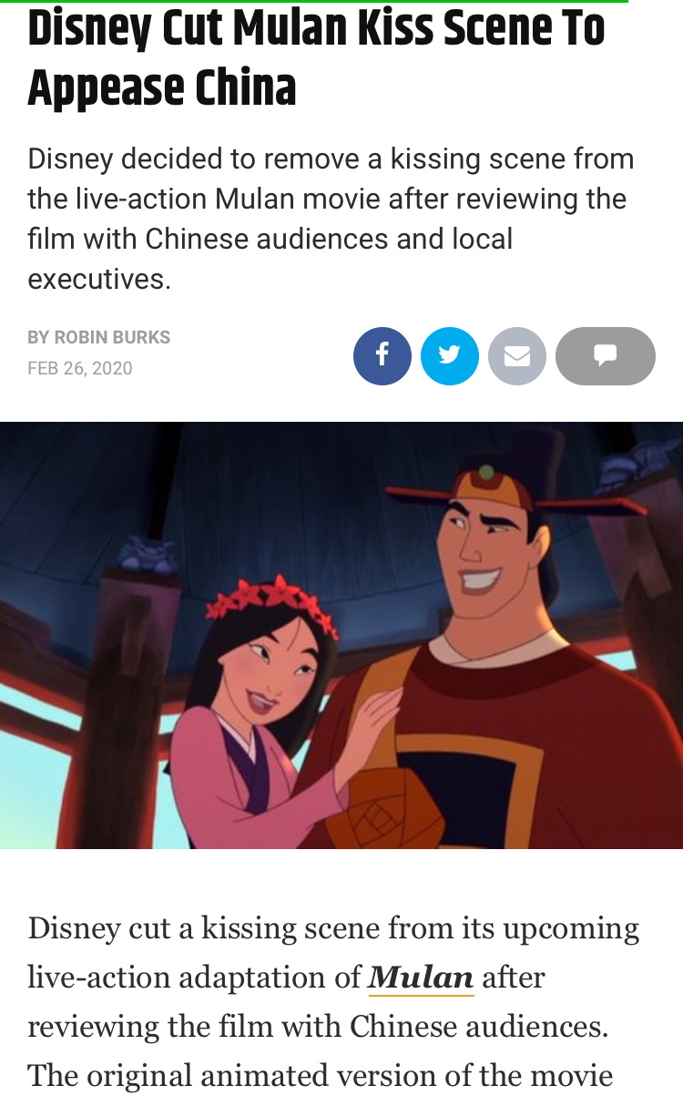 《花木兰》吻戏被删？迪士尼称怕中国观众不适应