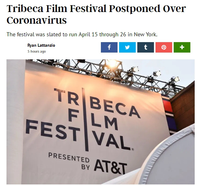 受疫情影响，第19届翠贝卡电影节宣布将延期举办