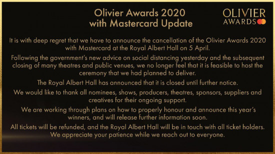 无缘盛会!英国戏剧最高奖项奥利弗奖取消颁奖礼