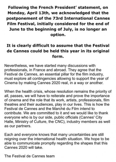 戛纳电影节电影市场6月线上营业 片单将陆续公布