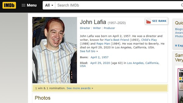 约翰·拉菲亚（John Lafia）享寿63岁。