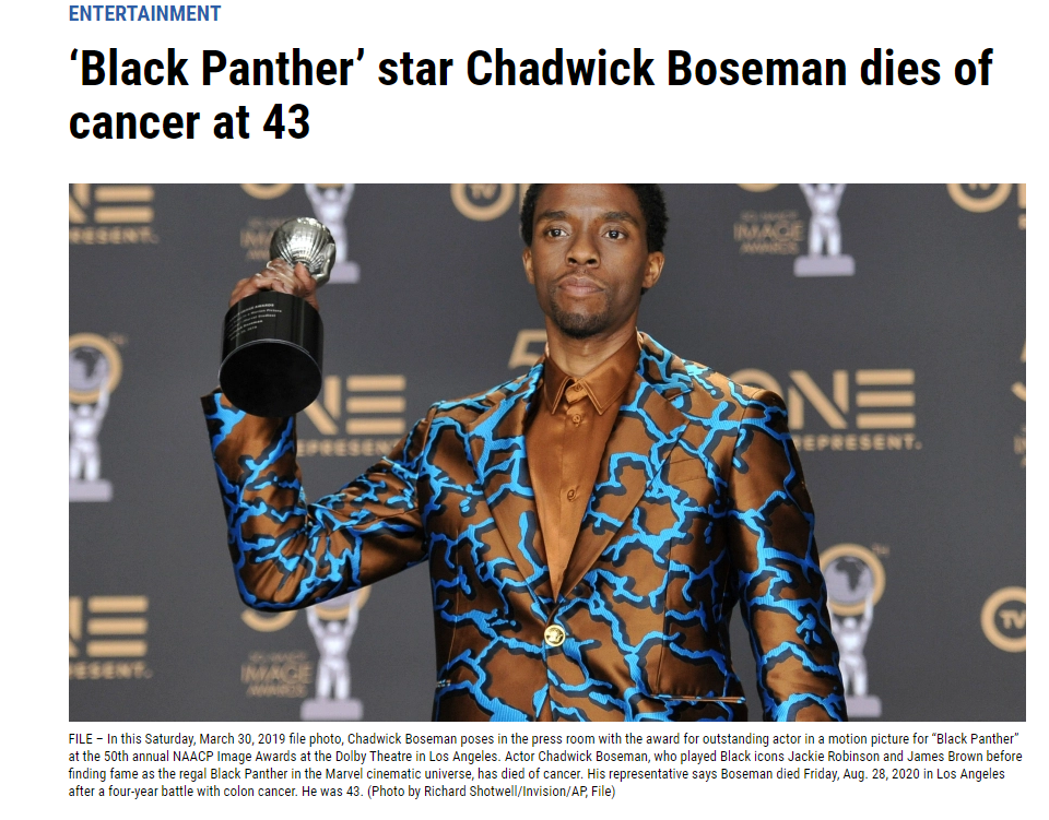 漫威《黑豹》男主查德维克·博斯曼因癌症去世，享年43岁