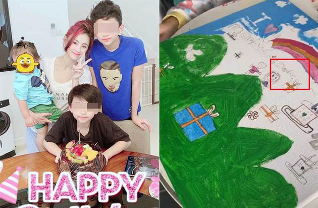 张柏芝在谢霆锋生日隔天，晒出孩子画蛋糕写“Daddy”的影片