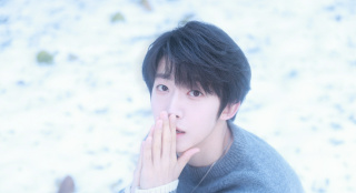 刘宇冬日暖阳写真 着灰色毛衣站立雪中清爽帅气