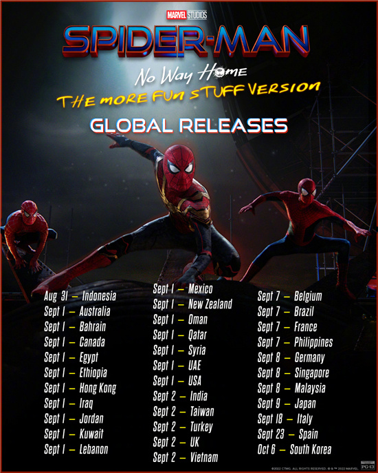 《蜘蛛侠：英雄无归》加长版将于8.31起全球重映