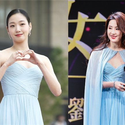 刘亦菲穿蓝色抹胸纱裙仙气十足 撞衫韩国女星金高银