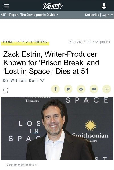 《越狱》执行制作人Zack Estrin去世 终年51岁