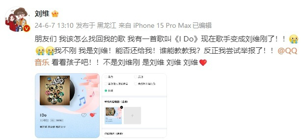 劉維歌曲署名變劉維剛 已向平臺(tái)舉報(bào)在線求助